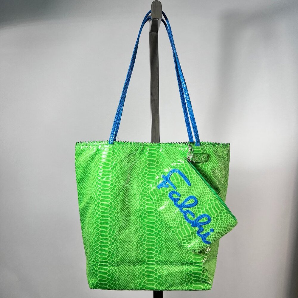 CARLOS FALCHI Fatto a Mano Vegan Python Tote & Pouch Green/Blue Handles NWT